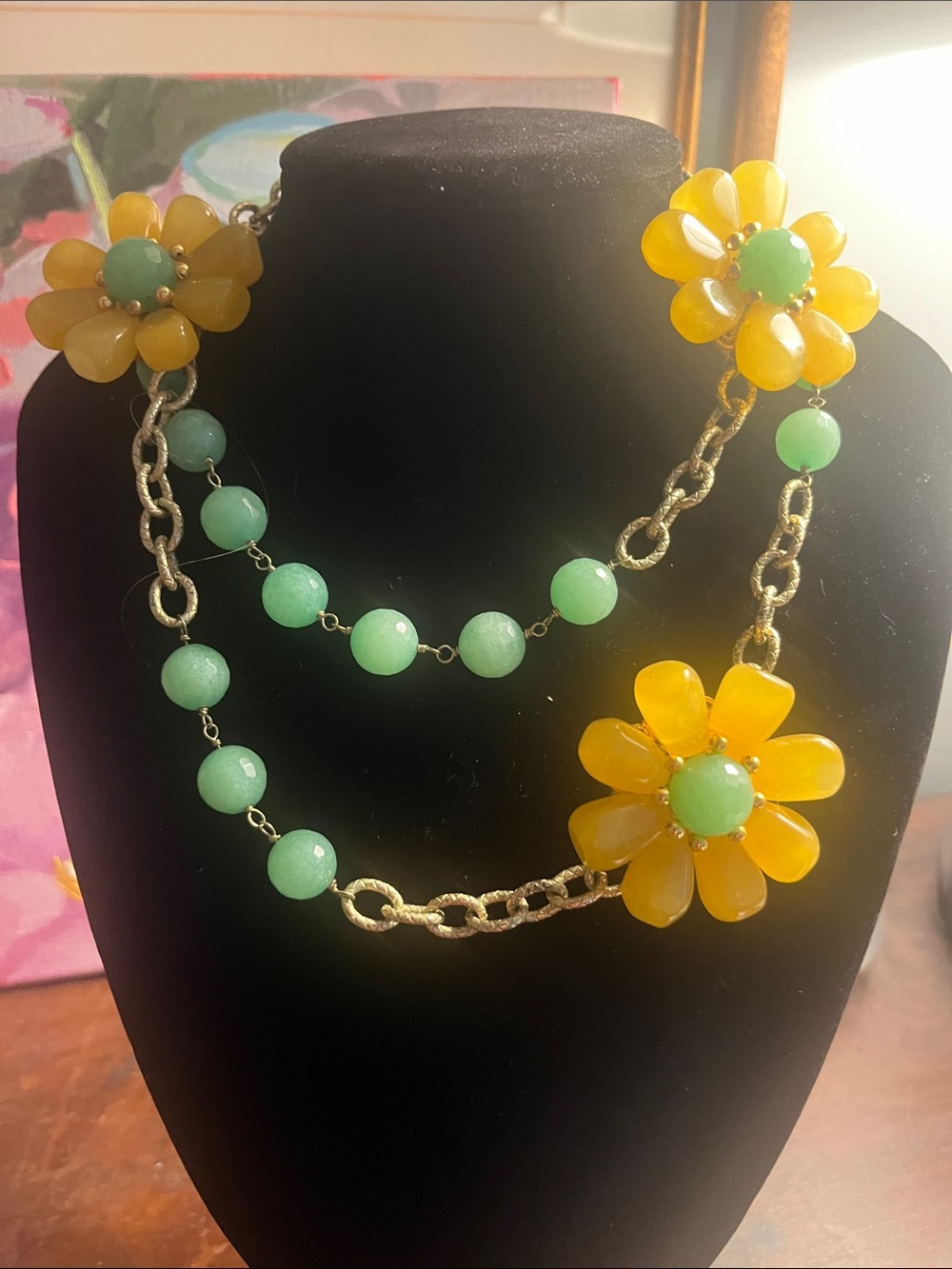 Thad Cline: Yellow Flower & Green Semi-Precious Bead Necklace - Women Jewelry